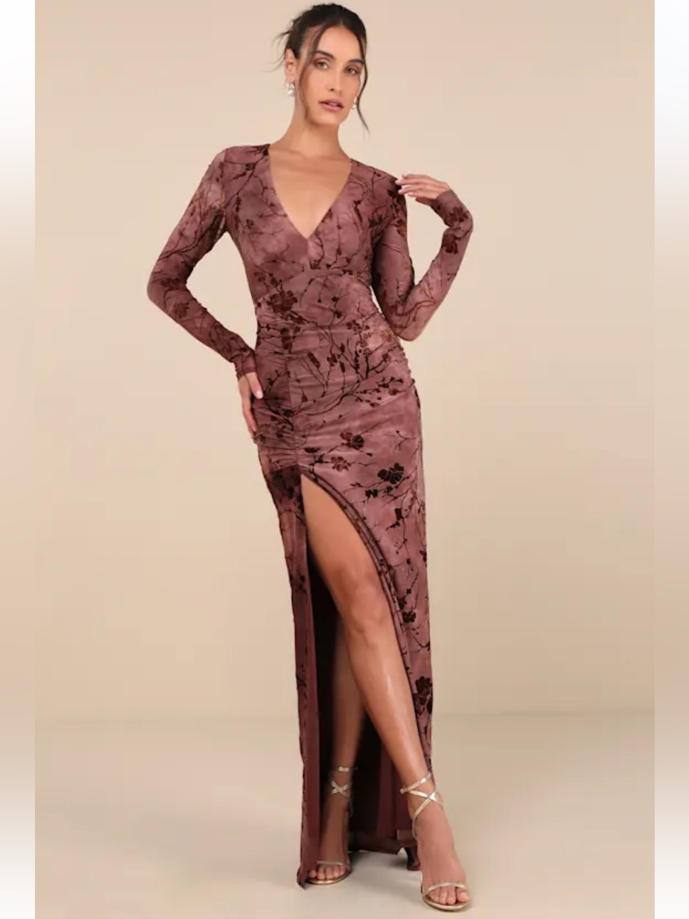 Lulus Dynamic Sensation Dark Mauve Floral Velvet Burnout Maxi Dress L